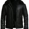 Mens black leather aviator shearling jacket front view