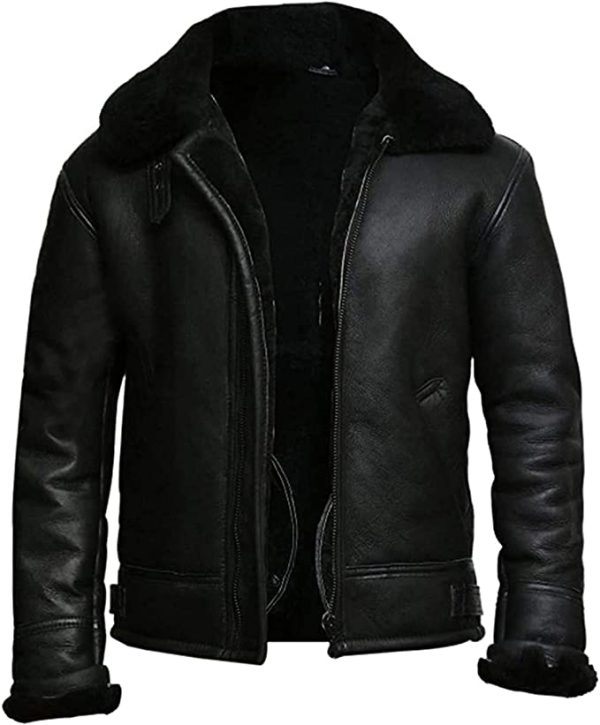 Black aviator leather jacket front view