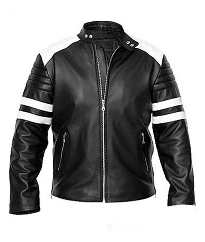 Black and white brad pitt leather jacket front view