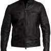 Mens black leather cafe racer jacket front view