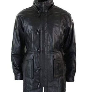Knee Length Black Leather Hooded Jacket