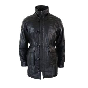 Knee Length Black Leather Hooded Jacket