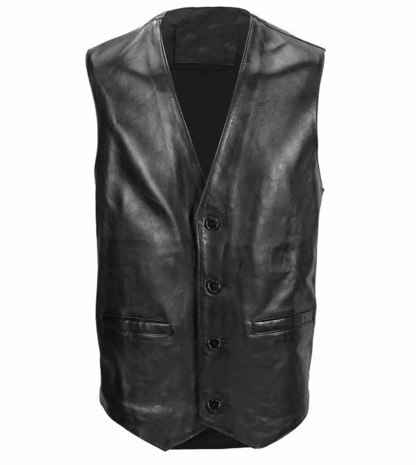 Black leather biker vest Front View