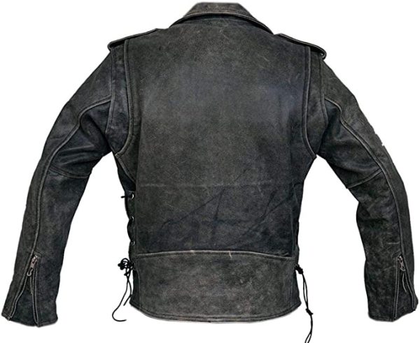 Mens black distressed leather jacket back view