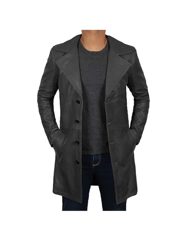 Mens black faux leather trench coat front view