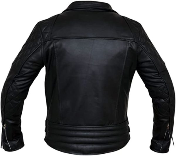 Mens black quilted leather biker jacket back view