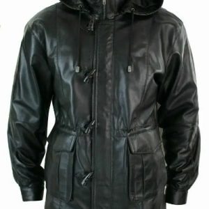 Knee Length Black Leather Hooded Jacket