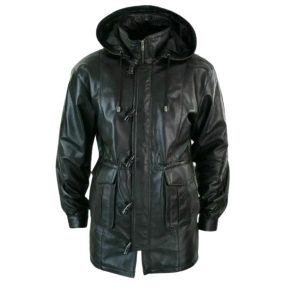 Knee Length Black Leather Hooded Jacket
