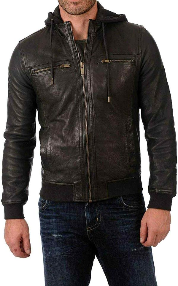 Mens black lambskin leather motorcycle jacket front view