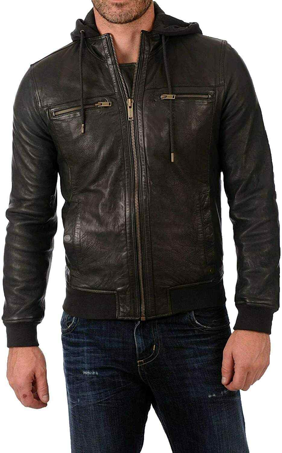 Mens black lambskin leather motorcycle jacket front view