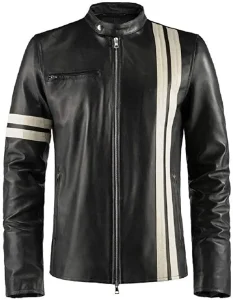 Black leather jacket with white stripes front view