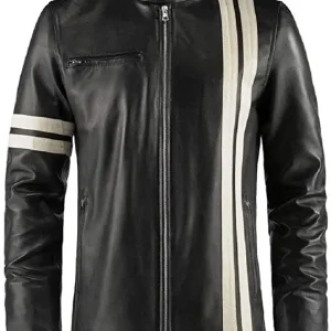 Black Leather Jacket With White Stripes