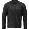 Mens casual black leather jacket front view