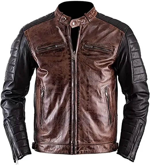 Distressed brown leather biker jacket front view