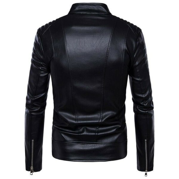 Mens fitted black leather biker jacket back view