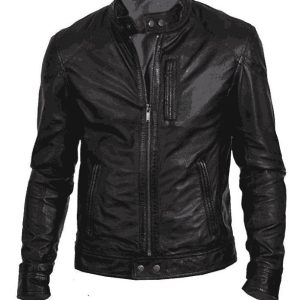 Mens Fitted Black Leather Biker Jacket