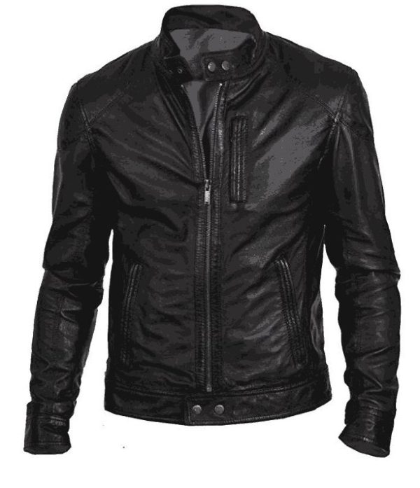 Mens fitted black leather biker jacket front view