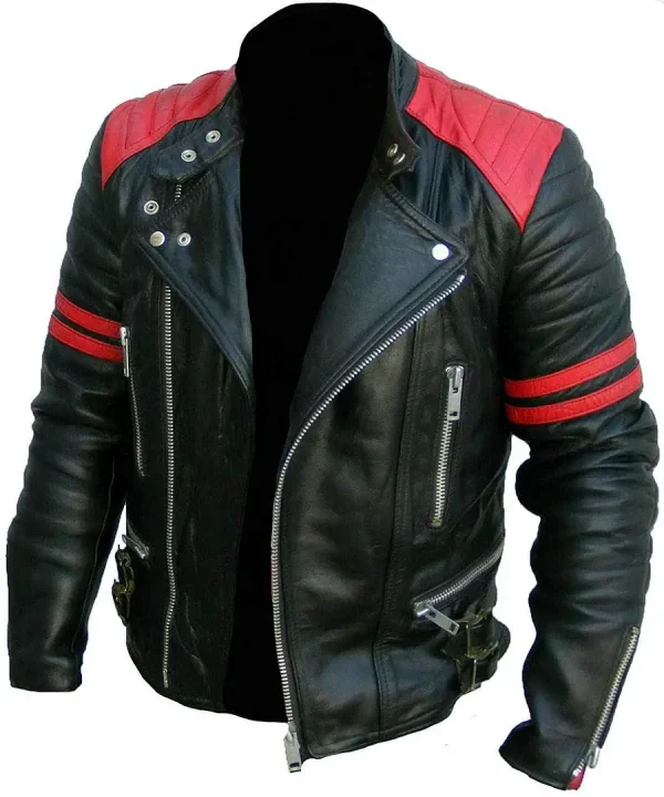 Red and black quilted biker leather jacket front view