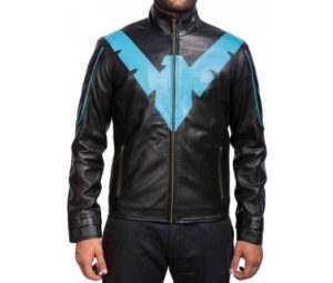 nightwing leather jacket front view – real lambskin blue emblem