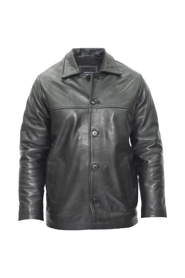 Black leather reefer jacket front view