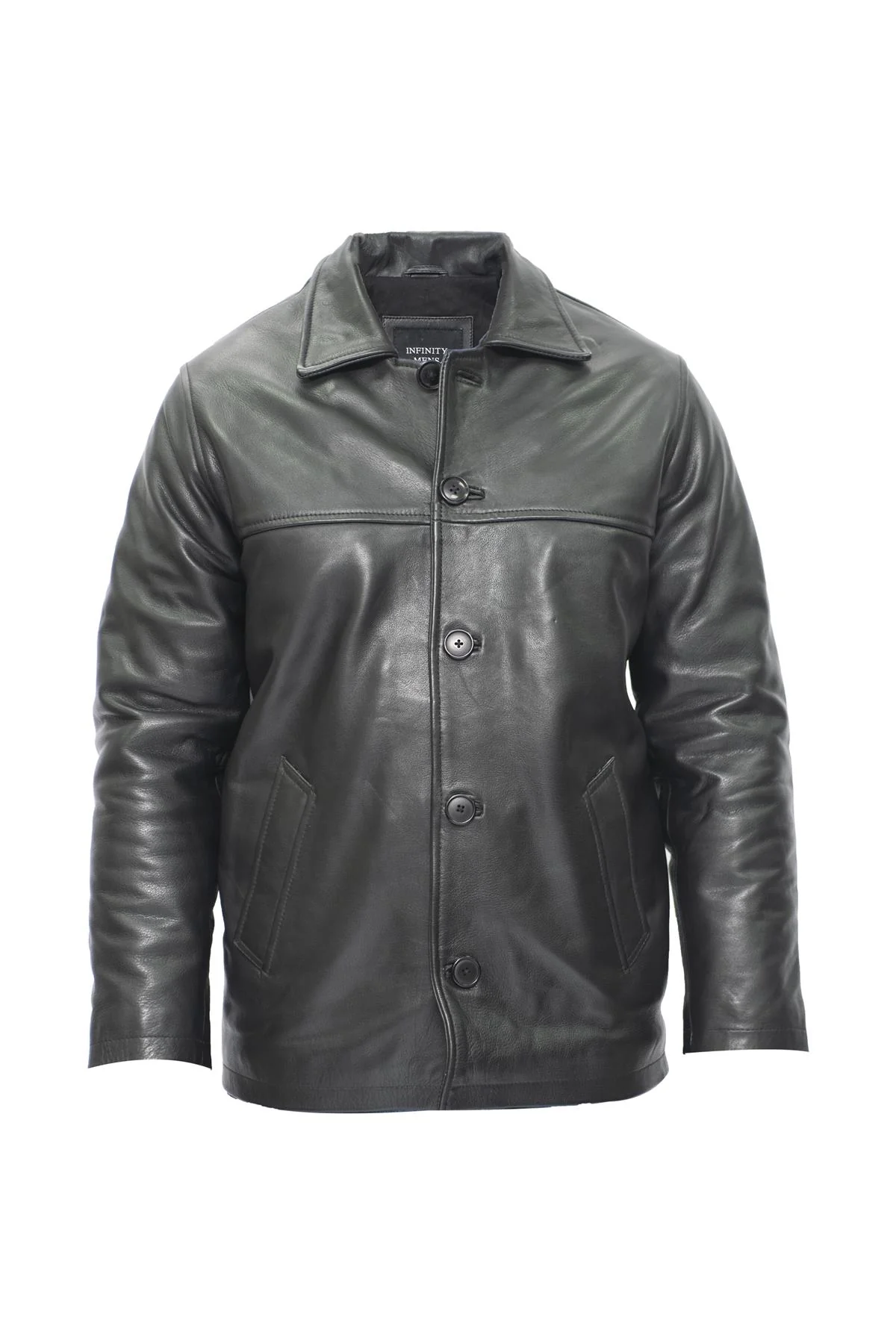 Black leather reefer jacket front view