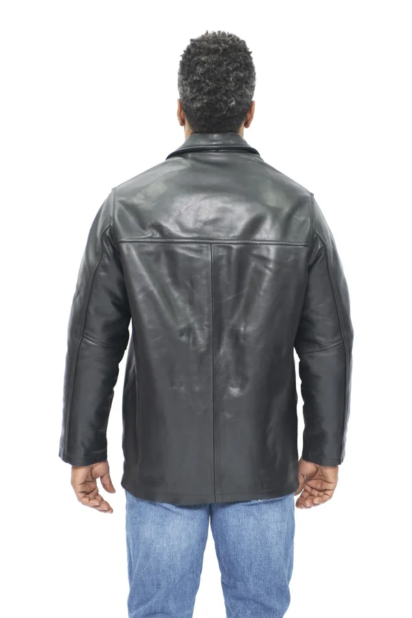 Black leather reefer jacket back view