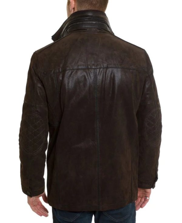 Mens Double Collar Brown Leather Jacket - Image 3