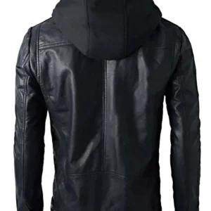 Men’s Hooded Black Leather Biker Jacket