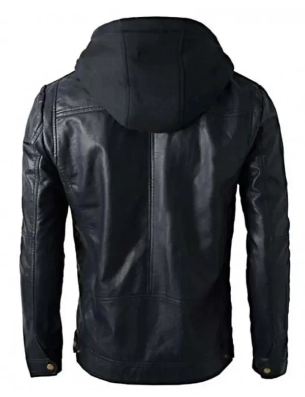 Mens hooded black leather jacket back view