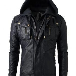 Men’s Hooded Black Leather Biker Jacket