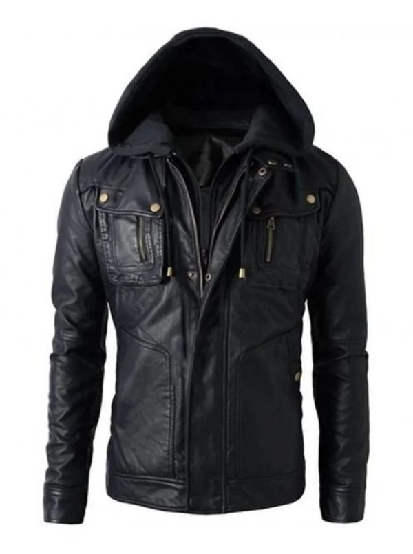 Mens hooded black leather jacket front view