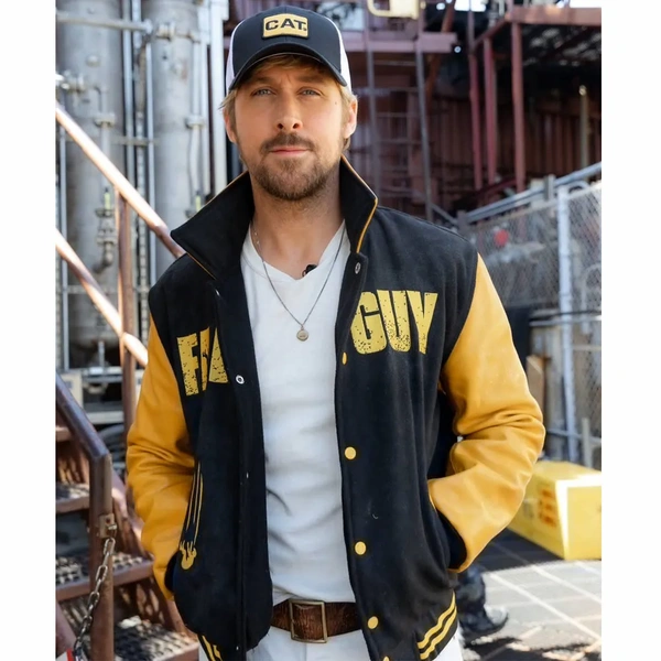 Ryan gosling the fall guy black and yellow varsity jacket front view