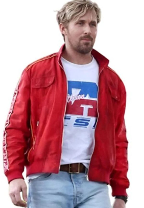 The Fall Guy Ryan Gosling red bomber satin jacket front view