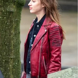 Bank Of Dave Phoebe Dynevor Red Leather Jacket