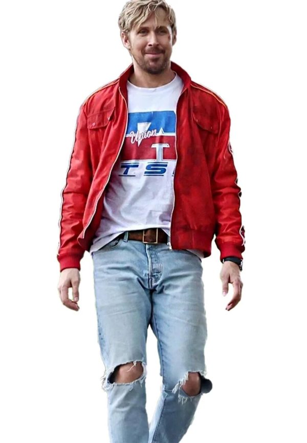 Ryan Gosling wearing The Fall Guy red bomber satin jacket