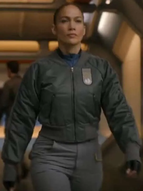 Jennifer lopez atlas 2024 grey bomber jacket front view