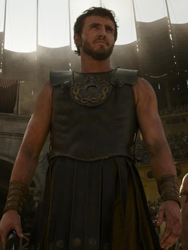 Paul mescal gladiator ii black leather vest front view