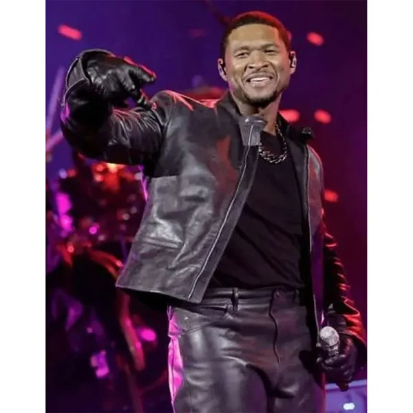 Super bowl halftime usher black leather jacket side view