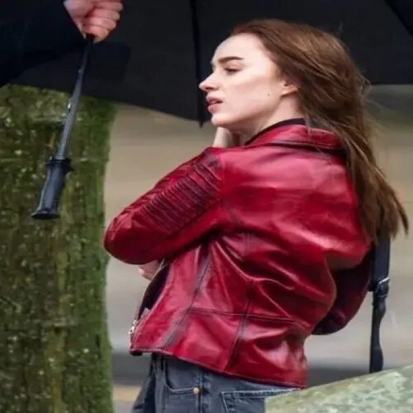 Bank of dave phoebe dynevor red leather jacket back view