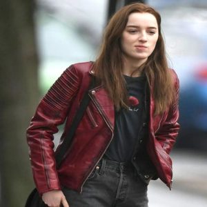 Bank Of Dave Phoebe Dynevor Red Leather Jacket