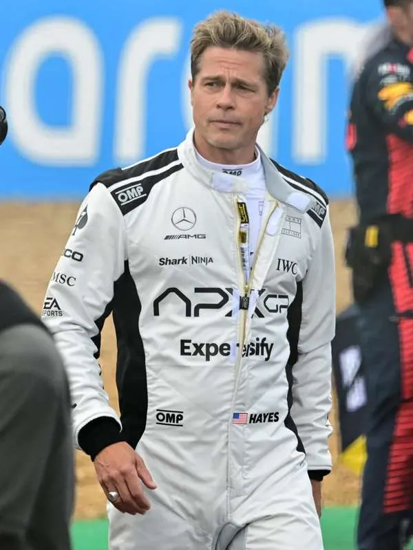 Model wearing brad pitt f1 racer leather jacket