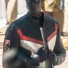 Model wearing mister terrific superman 2025 leather jacket