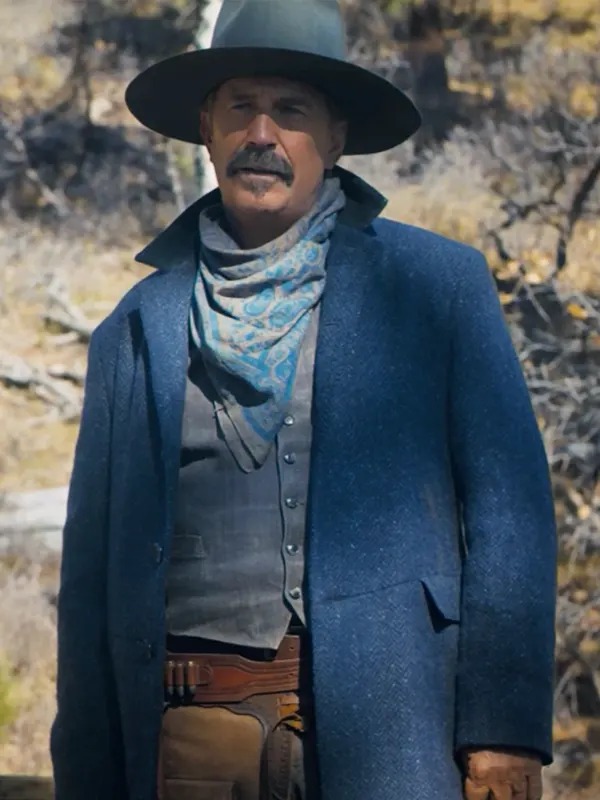Model wearing horizon an american saga 2024 kevin costner blue coat