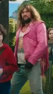 Model wearing minecraft 2025 jason momoa leather jacket