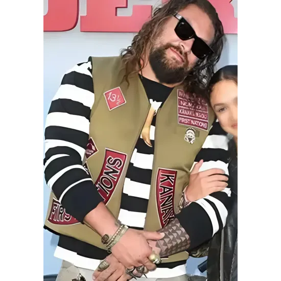 The bikeriders 2024 premiere jason momoa brown vest. front view