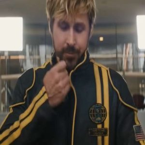 The Fall Guy 2024 Ryan Gosling Yellow Stripes Black Leather NASA Jacket