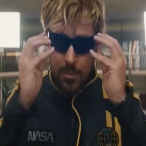 The Fall Guy 2024 Ryan Gosling Yellow Stripes Black Leather NASA Jacket