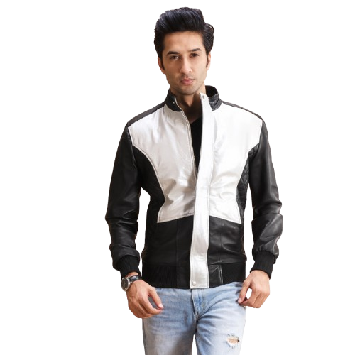 Mens silver black leather bomber jacket front view