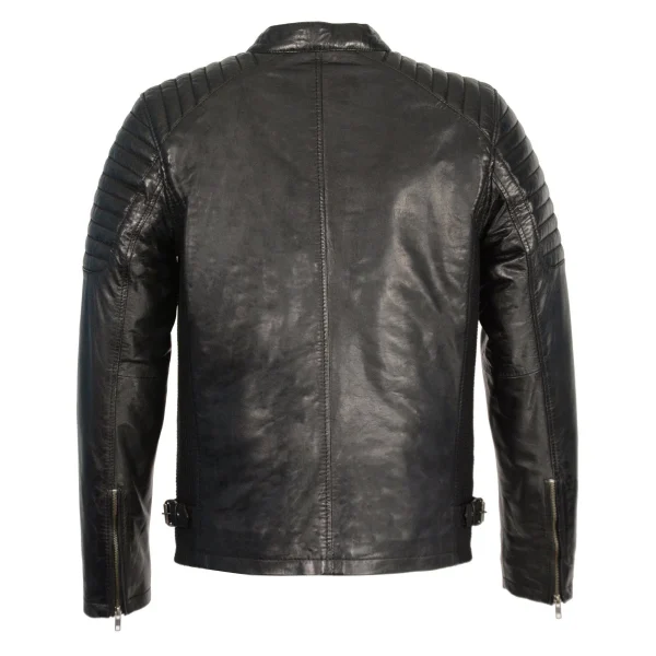 Mens Quilted Black Leather Motorcycle Jacket - Image 2