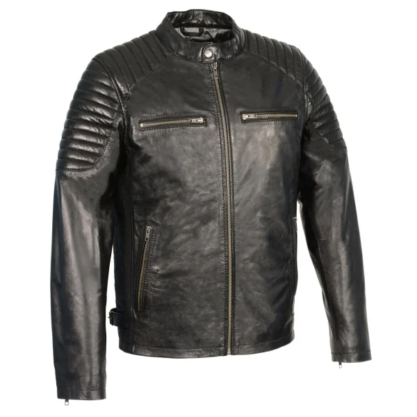 Mens quilted black leather motorcycle jacket front view